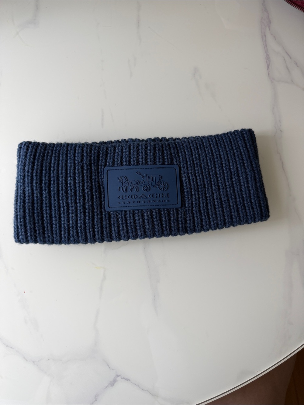 Coach Navy Ribbed Knit Headband with Logo Patch